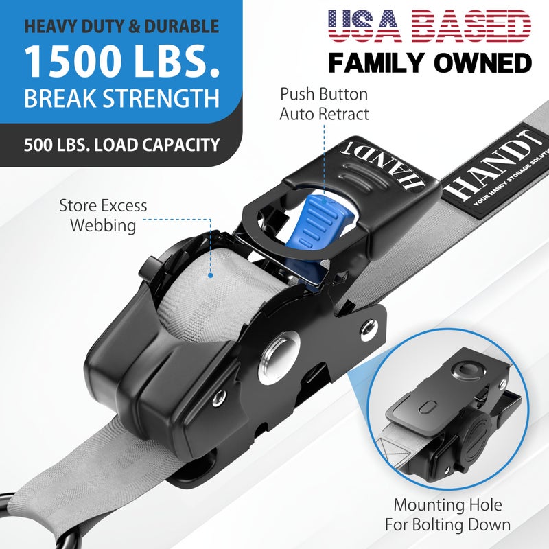 HandT USA Based Retractable Ratchet Straps (2PK) 1in x 6ft - 1 500lb Break Strength  Heavy Duty Automatic Ratchet Straps Self Retractable Tie Down  Push Button Retracting Truck Trailer Cargo | Gray - Image 2